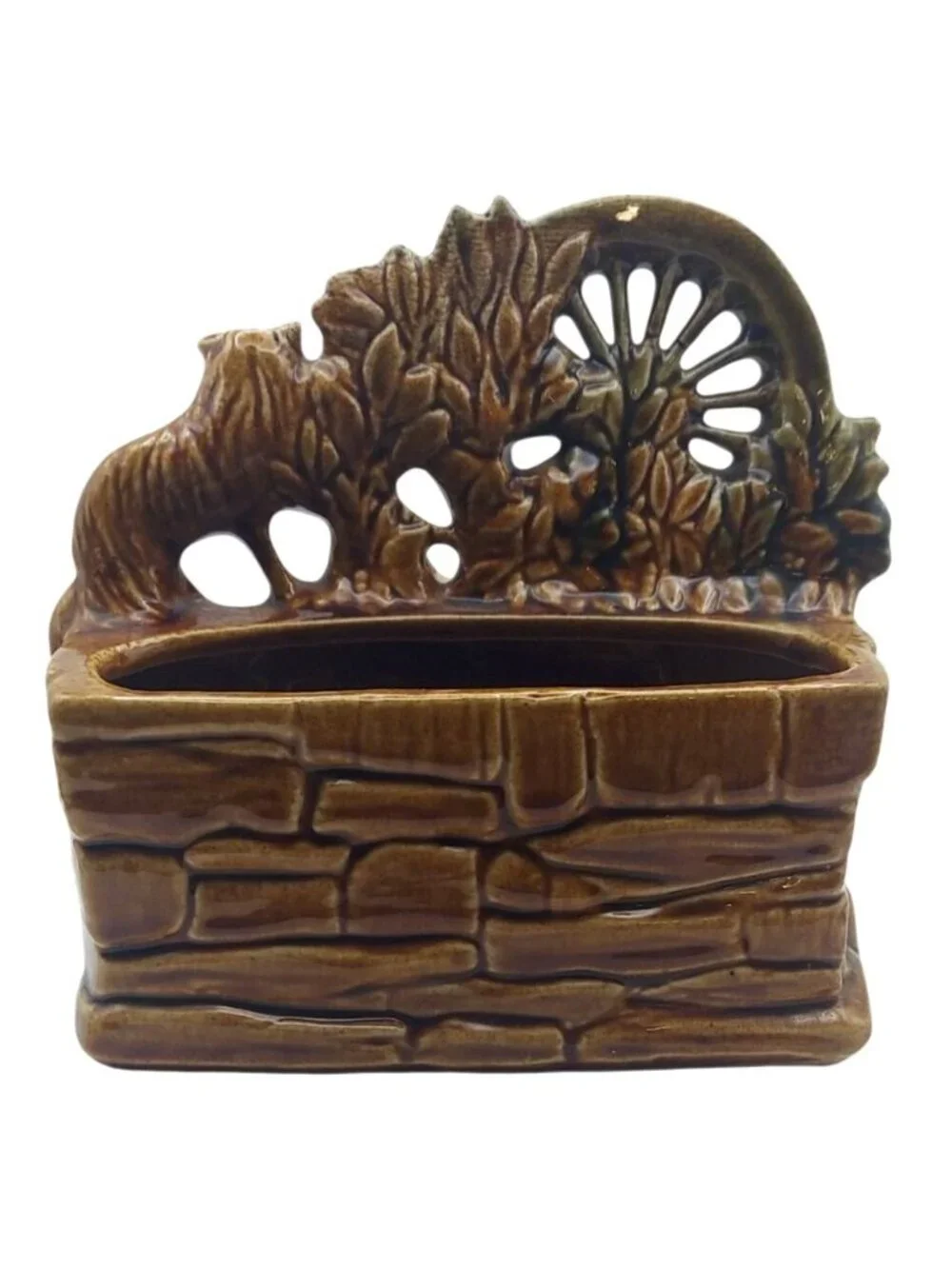 Vintage MCM McCoy Spinning Wheel Scottie Dog Cat Brown Glazed Pottery Planter